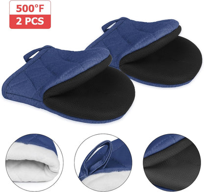 1 Pair Short Oven Mitts, Heat Resistant Silicone Kitchen Mini Oven Mitts for 500 Degrees, Non-Slip Grip Surfaces and Hanging Loop Gloves, Baking Grilling Barbecue Microwave Machine Washable