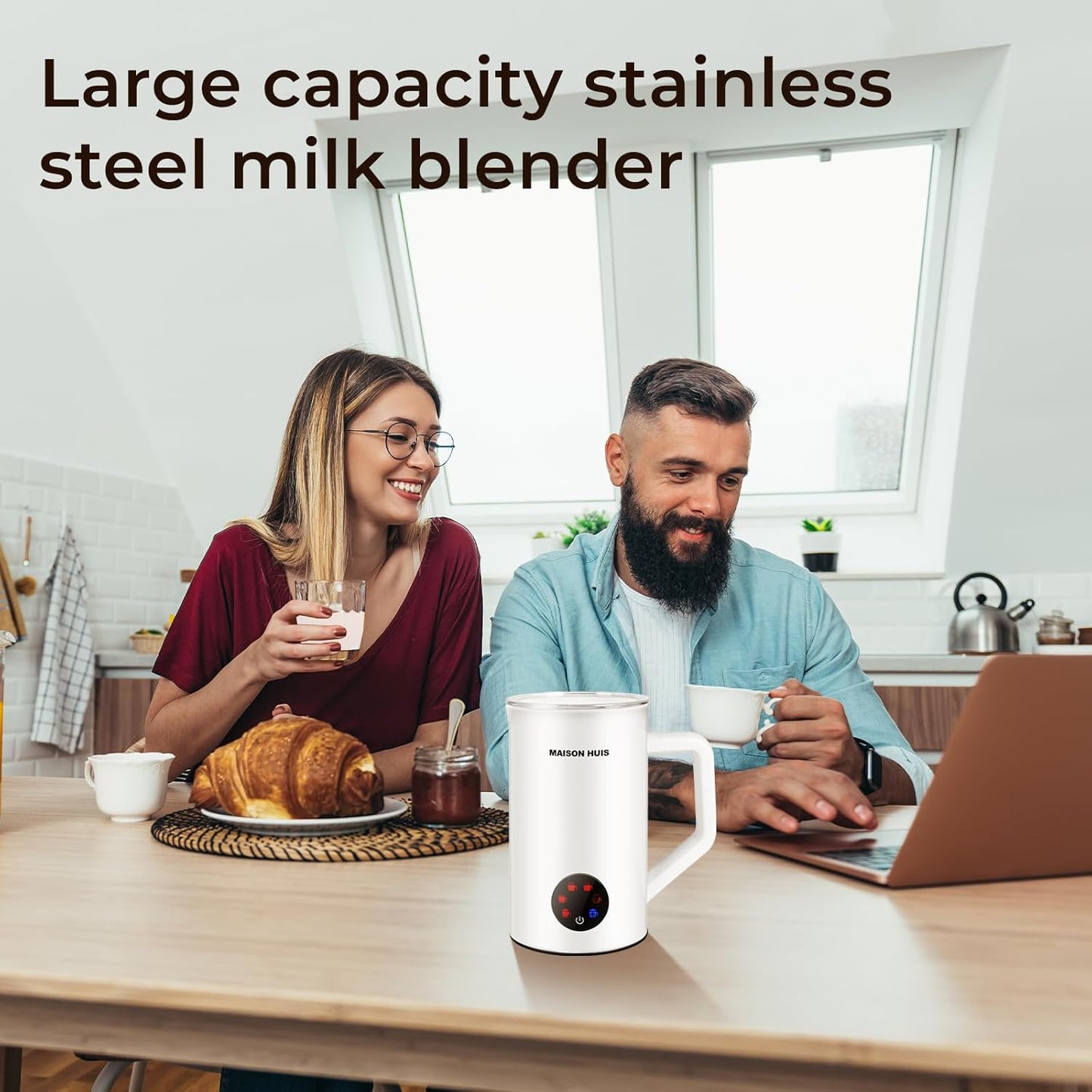 MAISON HUIS 6-IN-1 Milk Frother 550Watts, 20 oz Electric Stainless Steel, Hot and Cold Milk Frother for Latte, Macchiato, Cappuccino and Hot Chocolate, White