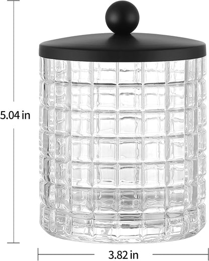 Glass Cotton Jar Holder Matte Black Lid, Elegant Bathroom Storage Canister for Qtips, Cotton Balls, Floss, Makeup Organizer, Vanity Bathroom Organization