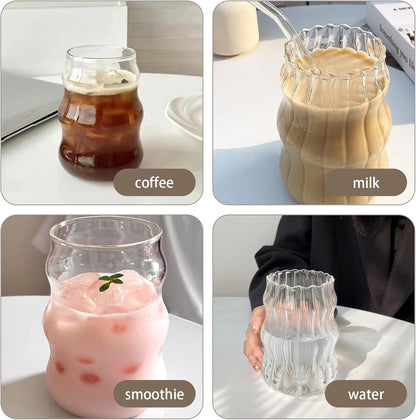2 PCS Ribbed Cute Glass Cups,18 Oz Iced Coffee Glasses with Lids and Straws Iced Coffee Cups Glass