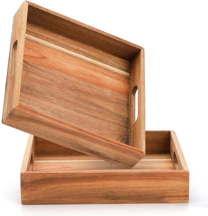 YOUEON Set of 2 Acacia Wood Serving Tray with Handles, 10x10x2 Inch Decorative Serving Trays for Food, Ottoman Tray, Square Coffee Table Trays for Dinner, Coffee, Wine, Appetizer