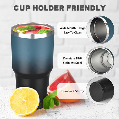 30 oz Tumbler with Lids and Straws, Stainless Steel Insulated Coffee Tumbler, Double Wall Vacuum Insulated Travel Mug Cup, Leakproof Thermal Coffee Cup for Hot and Cold Drinks (Blue Black)