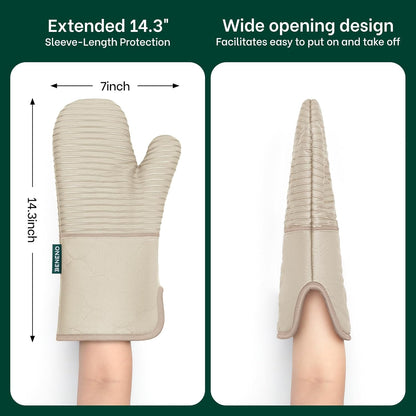 Beneno Kitchen Oven Mitts 2-Pack Heat Resistant to 500°F with Non-Slip Silicone Grip, Extra Long 14.3" Forearm Protection, Soft Quilted Cotton Terry Lining, Ideal for Cooking, Baking, Grilling, Beige
