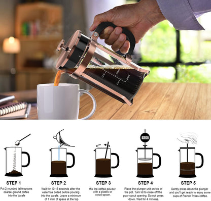 QUQIYSO Coffee Maker 304 Stainless Steel French Press with 4 Filter, Heat Resistant Durable, Easy to Clean, Borosilicate Glass Coffee Press, 100% BPA Free Teapot, 21 ounce, copper