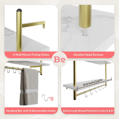 Bestier Floating Shelving 31" Kitchen Wall - Mounted Shelf with Towel Bar Hooks Coffee Bar Shelf Wine Hanging Display Rack Bookshelf Living Room Decor Bathroom - White Marble