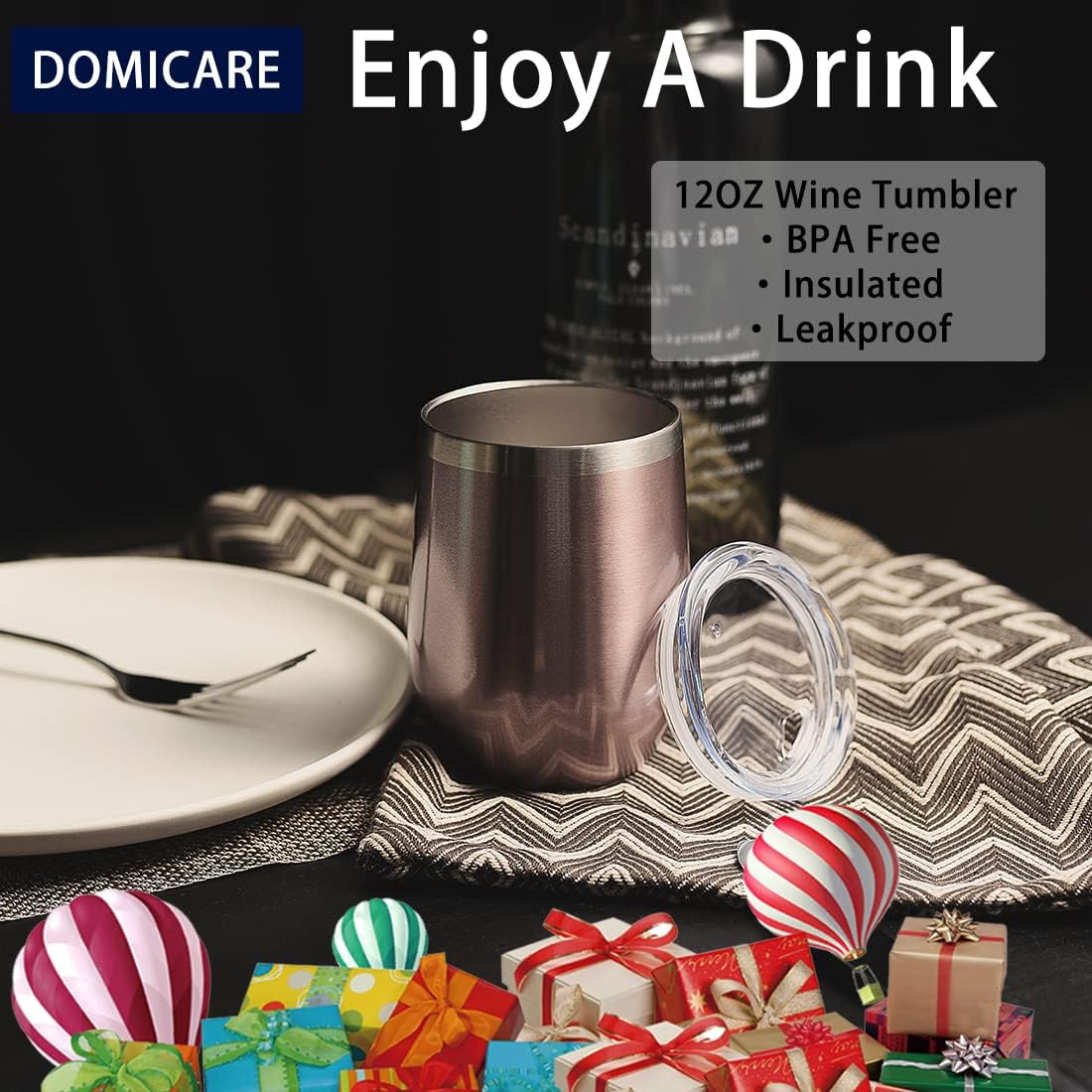 DOMICARE Stainless Steel Wine Tumbler Bulk with Lid, Personalized Rose Gold Insulated Tumblers Set, 12oz Travel Coffee Cups Pack of 1