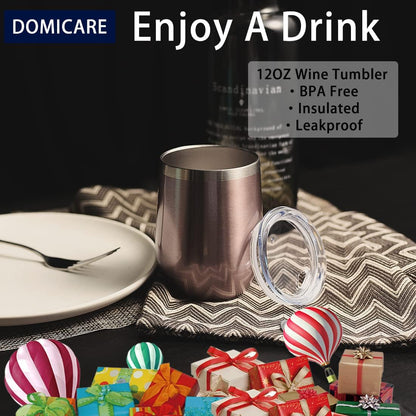 DOMICARE Stainless Steel Wine Tumbler Bulk with Lid, Personalized Rose Gold Insulated Tumblers Set, 12oz Travel Coffee Cups Pack of 1
