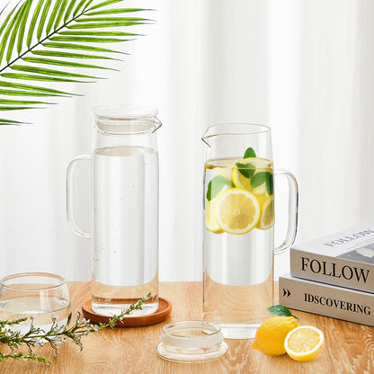 Hsei 2 Sets Glass Pitcher with Lid, 50 oz / 1500 ml Water Carafe with Handles Hot Cold Beverage Water Jar Glass Jug for Tea Juice Milk Coffee Iced Beverage (Glass Lid)