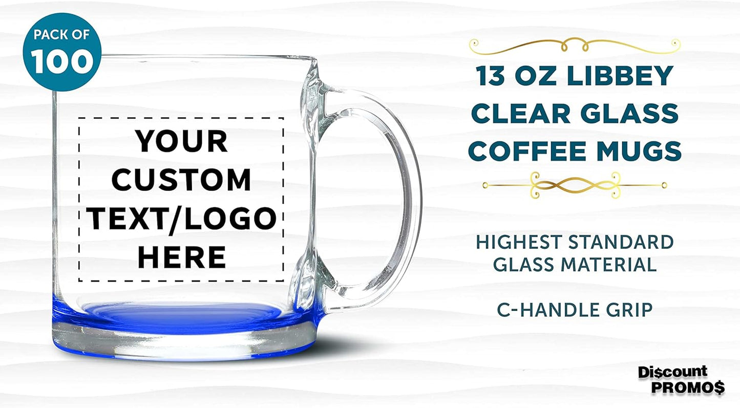 Custom Clear Glass Coffee Mugs 13 oz. Set of 100, Personalized Bulk Pack - Perfect for Coffee, Tea, Espresso, Hot Cocoa, Other Beverages - Blue Bottom