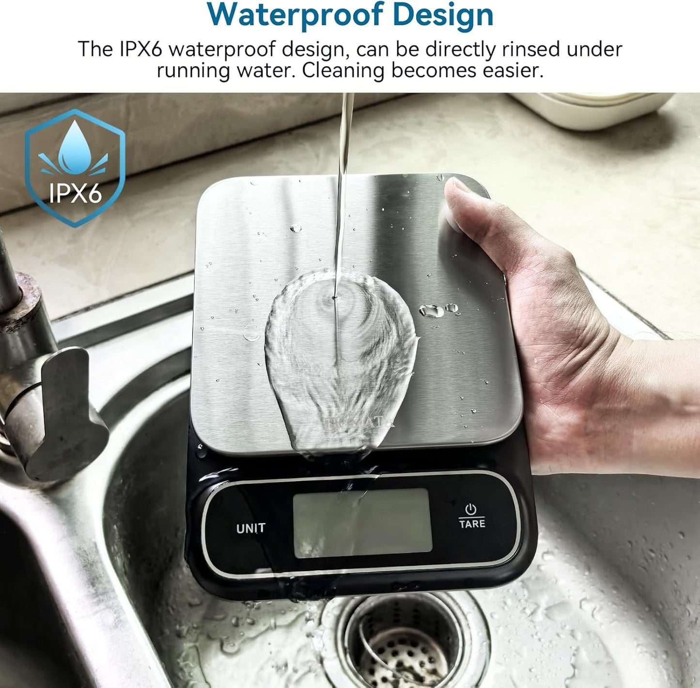 BOMATA Waterproof IPX6 Kitchen Scale, 0.1 g/0.01 oz High Precision, 5 kg/11 lbs, Digital Scale with Backlight, Stainless Steel Weighing Platform, for Food, Cooking, Baking, Weight Loss.. B619, Black