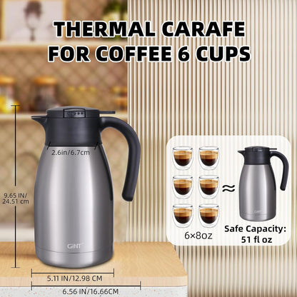 GiNT 51Oz Stainless Steel Thermal Coffee Carafe with Lid/Double Walled Vacuum Thermal Carafe / 12 Hour Heat Retention (Silver, 1.5L)