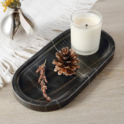 Koville Black Marble Vanity Tray for Bathroom Countertop, 10"x5" Natural Marble Catchall Tray Perfume Trays for Dresser, Stone Jewelry Dish Candle Holder for Home Decor, Stone Oval Trays