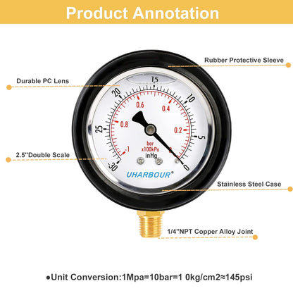 Vacuum Gauge 2-1/2" Dial Liquid Filled -30 inhg/0, Rubber Protective Case, 1/4" Brass Lower Mount, Including 1/4" to 1/8" Thread Adapter and Teflon Tape