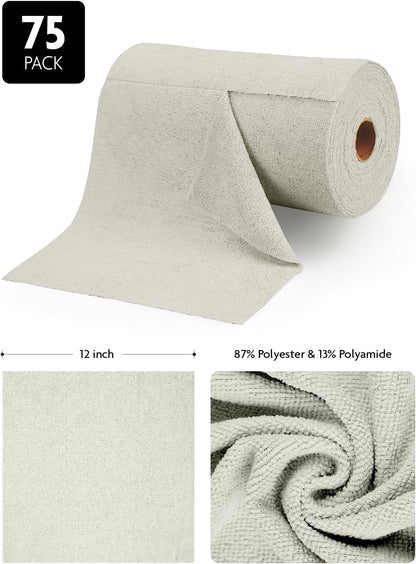 Fantasticlean Microfiber Cleaning Cloth Roll -75 Pack, Tear Away Microfiber Towels, 12" x 12", Reusable, Washable, Scratch Free, Ultra Absorbent Dishcloth for Home Supplies, Car, Pet (Cool Grey)