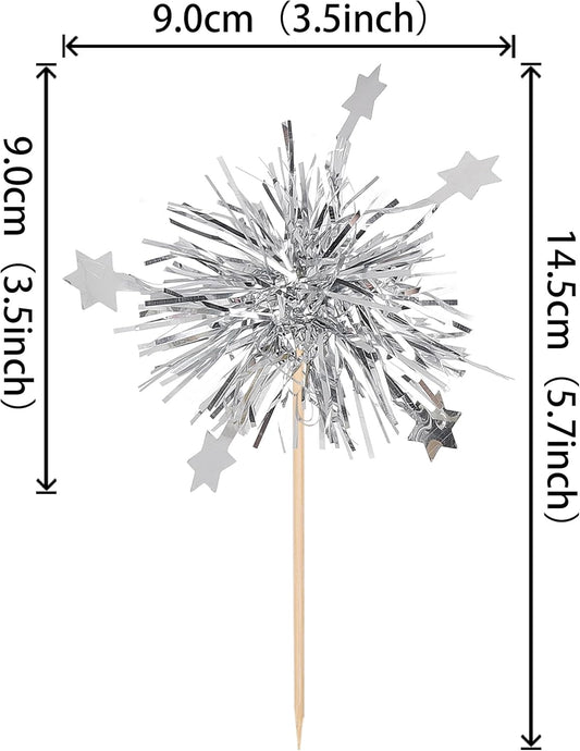 30 PCS Foil Firework Cupcake Toppers Star Cupcake Picks Sparkle Tinsel Flower Drink Stirrers Cocktail Food Fruit Toothpicks for Valentine's Day Birthday Party Cake Decorations Supplies Silver