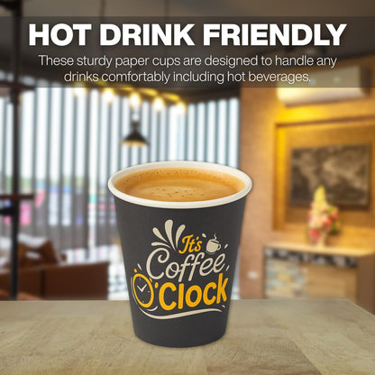 Smygoods Disposable Coffee Cups with Lids, To Go Paper Hot Cups, Coffee O'Clock Design (12 OZ, 100 Count) For Hot Beverages, Coffee, Tea, Espresso, Cocoa - Vasos Para Cafe