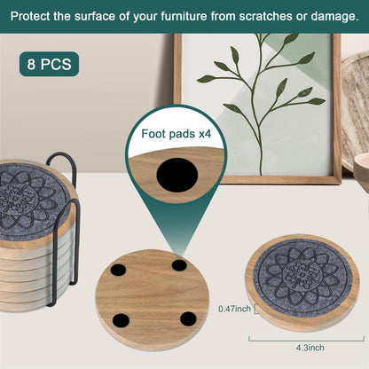 Wood Coasters for Drinks Set of 8, Minacun Absorbent Coaster, Drinks Coasters for Coffee Tabletop Protection, Non-Slip, Non-Stick, Suitable for Kinds of Cups Wooden Table Drink, 4.3 Inch Gray