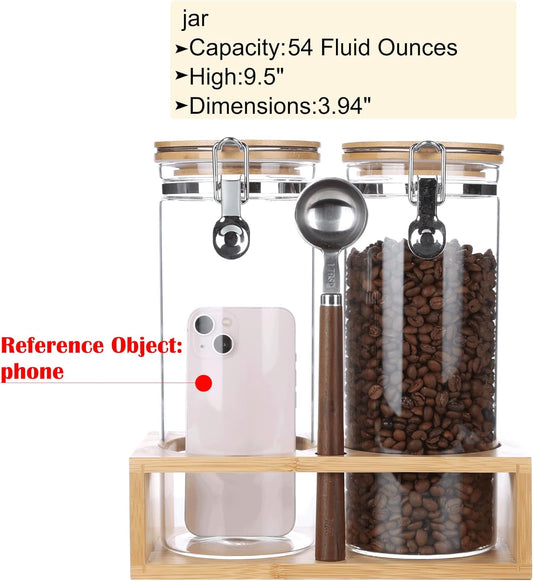 KKC Airtight Tall Glass Coffee Sugar Jar Canisters with Hinged Lids for Countertop,Glass Storage Containers with Scoop for Coffee Grind,Brown Sugar Flour Sealed Glass Jars,54 Fl oz