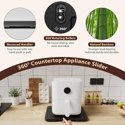 GuanQiao 360° Rotation Appliance Slider for Coffee Maker & Heavy Kitchen Appliance, Bamboo Rolling Tray for kitchen Counter, Sliding Tray with Premium Wheels (Black, 13.9"×11.6")