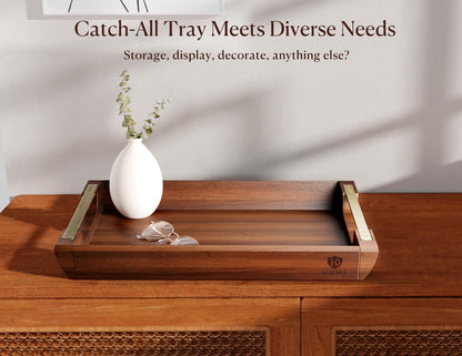 Acacia Wood Serving Tray with Metal Handles, 17x13in Large Ottoman Tray, Food Drinks Tray for Coffee Table, Breakfast, Dinner & Bar, Rustic Decorative Tray for Kitchen, Bedroom Gift Box