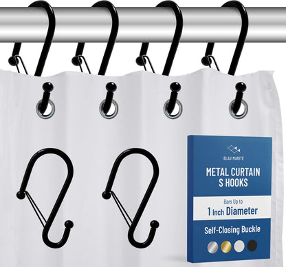 Set of 12 Black Metal S Hook Shower Hooks 1” – Closed, Heavy Duty, Long Decorative Shower Curtain Hooks, Easy Glide, Buckle, Large Rust Resistant Rings for Bathroom Rods (Black, S)