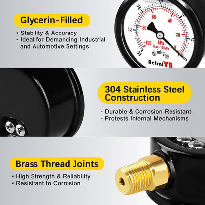 2.5 Inch Vacuum Gauge -30 inHg -100Kpa,304 Stainless Steel Case, Liquid Filled Vacuum Gauge, 2.5" Dial, 1/4" NPT Lower Mount, Vacuum Pressure Gauge for HVAC, Vacuum Pump,Vacuum Pressure Test
