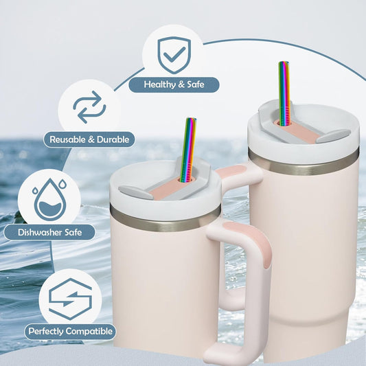 for Stanley Quencher 40oz Tumbler 6x Metal Stainless Steel Straws, 12inch Replacement Extra Long/Tall Straws for Stanley Cup 40oz Drinking Reusable Accessories (6x Straight,10mm Colorful)
