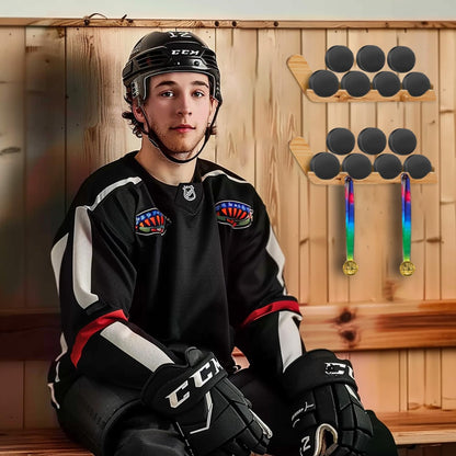 2 Pack Hockey Puck Display Cases for Father's Day Gifts, Wooden Wall Mount Holder with Hook - Hockey Puck Holder Living Room Stick Decor Accessory for Player Team Gift - burlywood