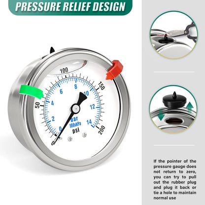 0-200PSI Stainless Steel Liquid Filled Pressure Gauge, 2.5" Dial Size, 1/4" NPT 316 Stainless Steel Joint, Back Mount, for Tube, Water Pump, Gas, Liquid (with Range Mark Pointer)