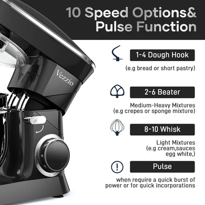 9.5 Qt Stand Mixer, 10-Speed Tilt-Head Food Mixer, Vezzio 660W Kitchen Electric Mixer with Stainless Steel Bowl, Dishwasher-Safe Attachments for Most Home Cooks(Black)