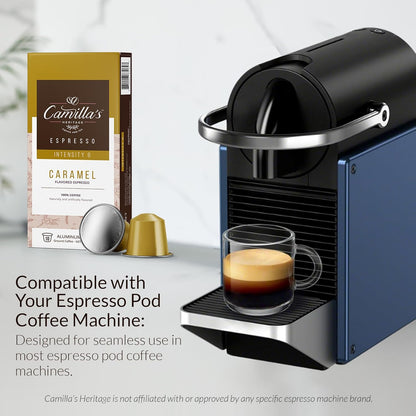 Camilla’s Heritage - Intensity 8 Caramel Flavored Espresso Coffee, Gourmet Espresso Cups, 60 Coffee Pods