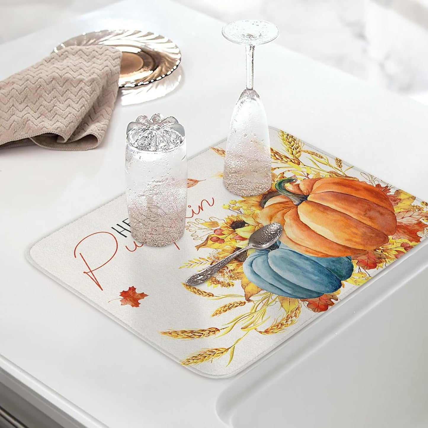 Fall Dish Drying Mat for Kitchen Counter Hello Pumpkin Drying Pad Absorbent Drying Mats for Countertops Sinks Draining Racks Sunflower Ears of Wheat Drainer Holiday Harvest Thanksgiving Decor 18x24