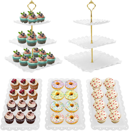 5 Pcs Dessert Table Display Set, White Plastic 2 Pcs Square 3 Tier Cupcake Stand Cup Cake Tower Stand with Metal Rod & 3 Pcs Serving Tray for Baby Shower, Tea Party, Wedding, Birthday Party