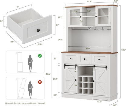 IRONCK 72'' Coffee Bar Cabinet with Storage, Large Kitchen Hutch with Power Outlet & LED Light, Tall Bar Cabinets with 3 Drawers & Wine Glass Rack, Sliding Barn Door China Cabinet for Home, White