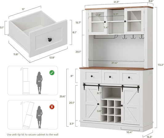 IRONCK 72'' Coffee Bar Cabinet with Storage, Large Kitchen Hutch with Power Outlet & LED Light, Tall Bar Cabinets with 3 Drawers & Wine Glass Rack, Sliding Barn Door China Cabinet for Home, White