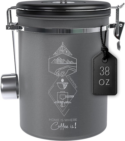 Large Coffee Canister – Airtight Stainless Steel Storage Container with Date Tracker & Scoop, Sealed Jar for Grounds, Beans, Tea, Flour, Cereal, and Sugar (Gray Home, 38OZ)
