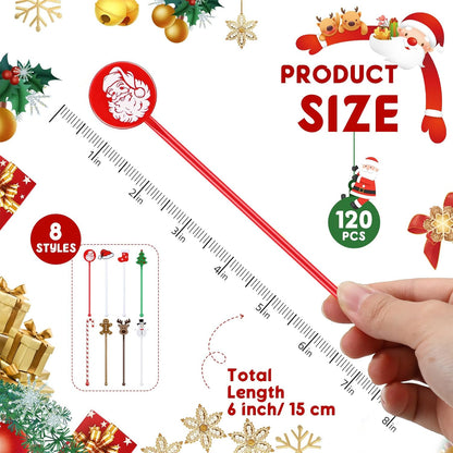 120 Pcs Christmas Plastic Swizzle Sticks Christmas Coffee and Cocktail Stirrers Hot Cocoa Stir Sticks Coffee Bar Decoration Reusable Beverage Drink Stirrers for Xmas Party Favor