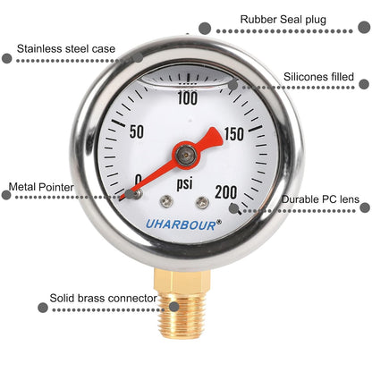 Glycerin Filled Pressure Gauge with 304 Stainless Steel Case, 1-1/2" Dial Size, 0-200Psi, High Accuracy, 1/8" NPT Center Lower Mount with Single Scale (psi).