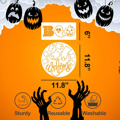 Halloween Stencils for Painting 12inch Large Reusable Halloween Stencil for Door Hanger Round Skeleton Ghost Boo Templates for Wood Walls Windows Door Mat Fabric