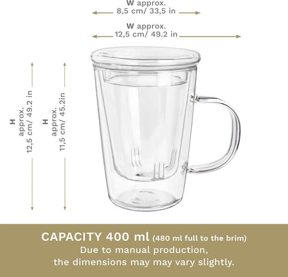 Creano Tea Glass 400 ml – Large Tea Cup with Strainer and Glass Lid – An ideal Tea Maker