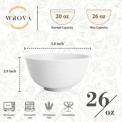 Wheat Straw Camping Bowls Sets of 6,Unbreakable 26oz Lightweight Bowls Sets for Outdoors Activity,Breakfast Bowls for Cereal and Salad.White Series