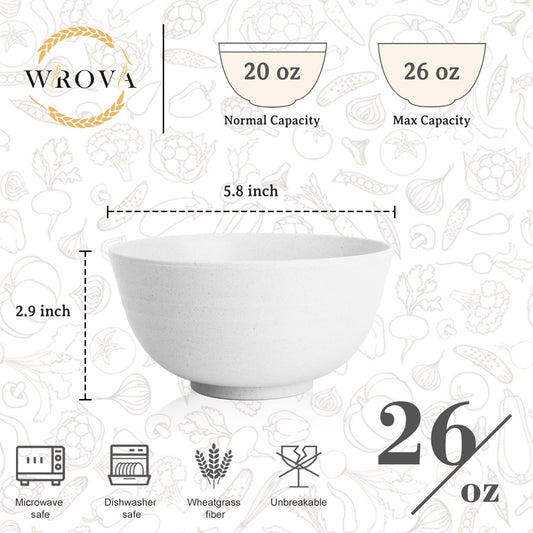 Wheat Straw Camping Bowls Sets of 6,Unbreakable 26oz Lightweight Bowls Sets for Outdoors Activity,Breakfast Bowls for Cereal and Salad.White Series
