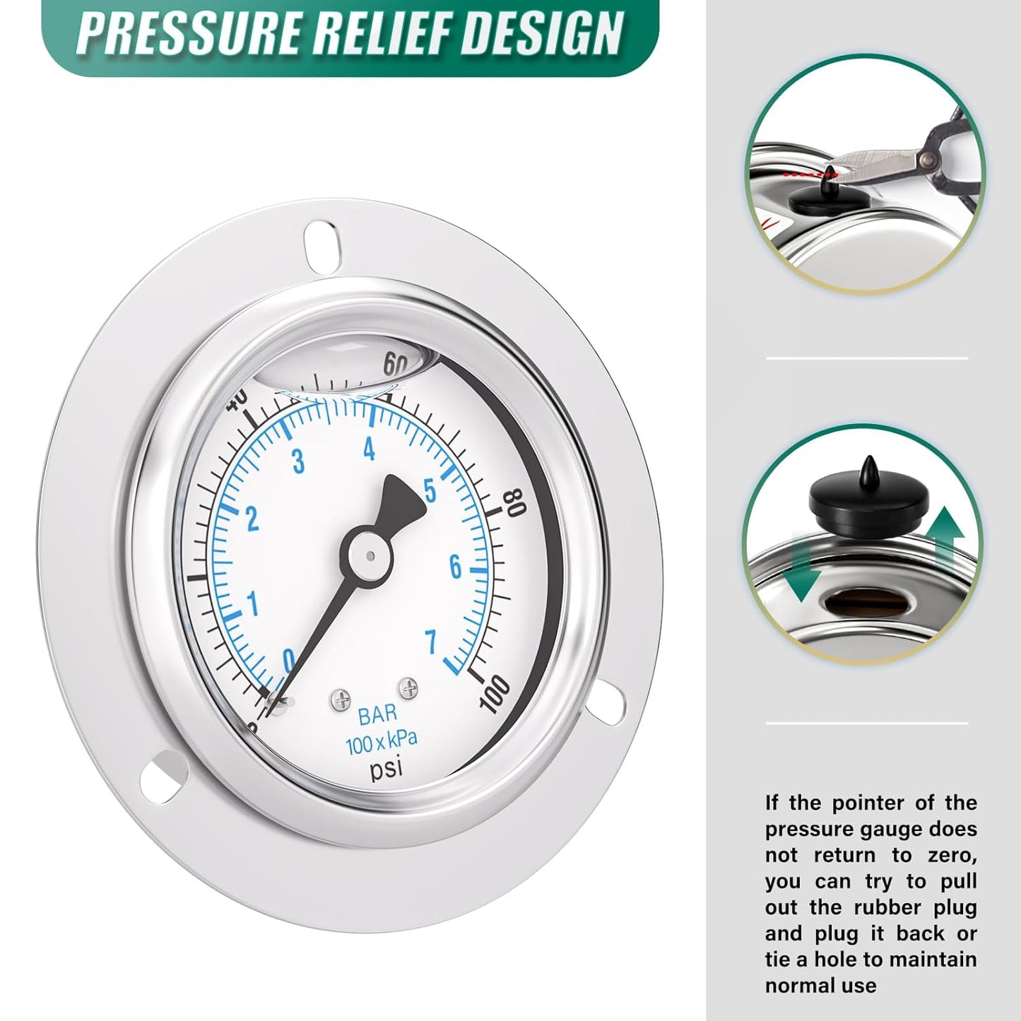 0-100PSI Panel Mount Front Flanged Glycerin Filled Pressure Gauge, 2.5" Dial Size, 1/4" MNPT Back Mount, Stainless Steel Case, with Phillips Screw and Nut, for Water, Gas, Liquid Pressure