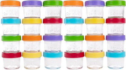 WeeSprout Baby Food Storage Glass Jars w/Lids (4 oz, 24 Pack) Bright Variety, Snack, Reusable Small Containers, Fridge or Freezer, Microwave & Dishwasher Safe, Essentials for Infants