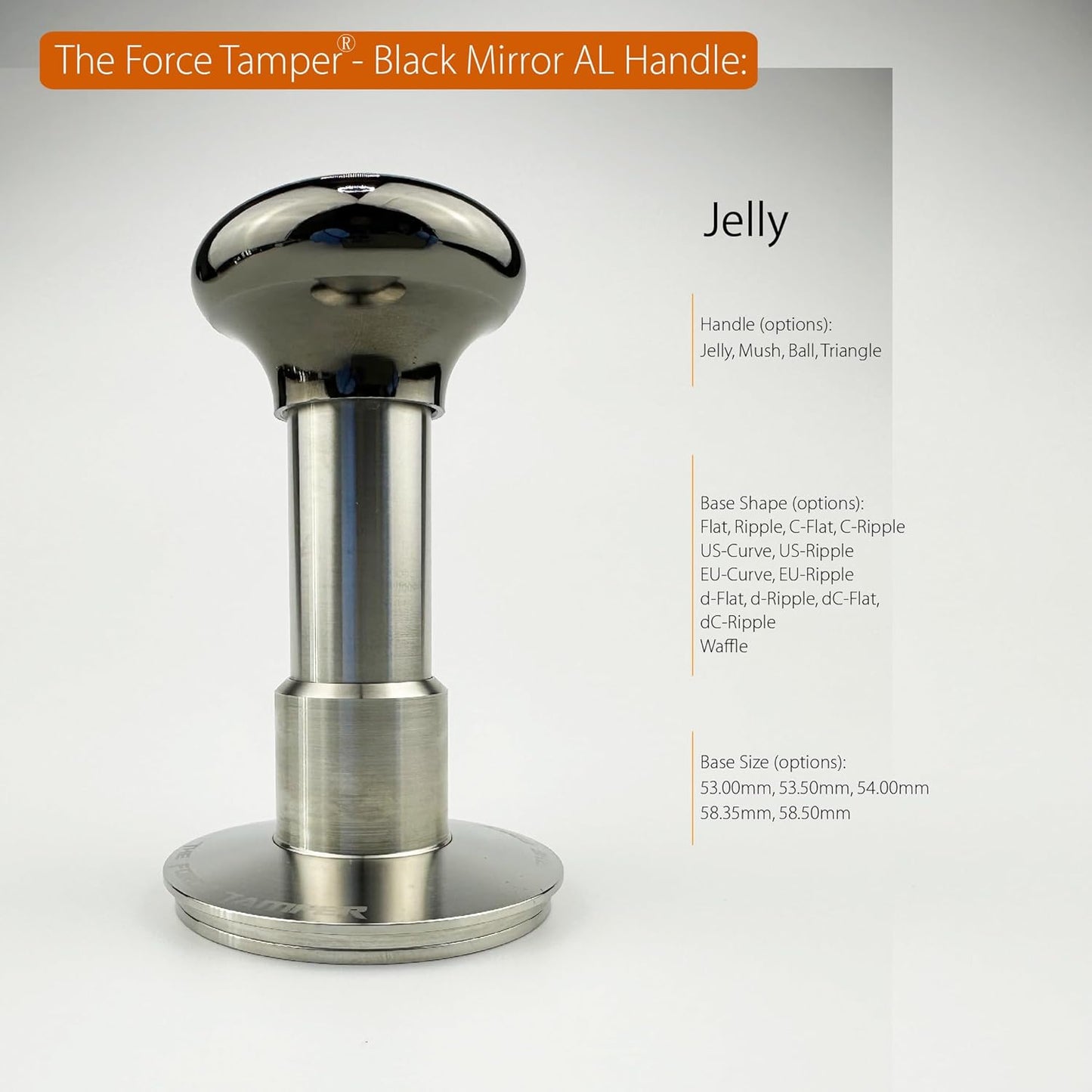 The Force Tamper Automatic Impact Coffee Tamper Adjustable Const Pressure and Autoleveling Extend Set New (Jelly-Black Mirror AL, 58.35mm)