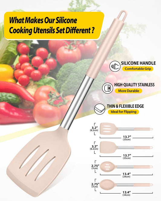 Pack of 4 Silicone Cooking Utensils Set, Non Stick Large Solid Spatulas, Heat Resistant Stainless Steel Khaki Slotted Spoons, Ideal BPA Free Kitchen Turners for Frying, Mixing,Serving,Draining,Turning