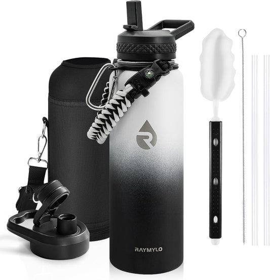 Insulated Water Bottle 40 oz, Triple Wall Vacuum Stainless Steel (Cold for 48 Hrs), Leak Proof & Non-BPA, Modern Water Flask Jug with Paracord Handle & Straw Spout Lids, Ombre: White/Black