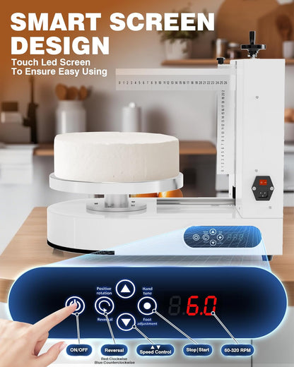 PYY Cake Decorating Machine - Automatic Cake Cream Spreading Machine for 4" to 14" Cake Icing Machine 60-320 RPM with Graduated Scrapers Electric Cake Turntable for Cake Frosting Machine White