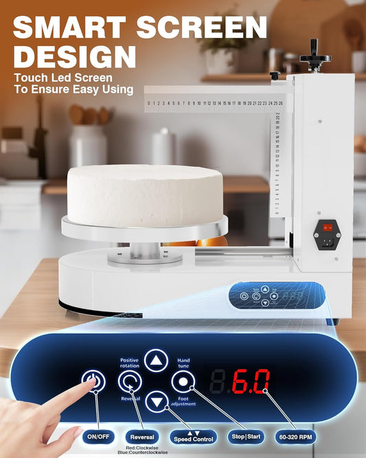 PYY Cake Decorating Machine - Automatic Cake Cream Spreading Machine for 4" to 14" Cake Icing Machine 60-320 RPM with Graduated Scrapers Electric Cake Turntable for Cake Frosting Machine White