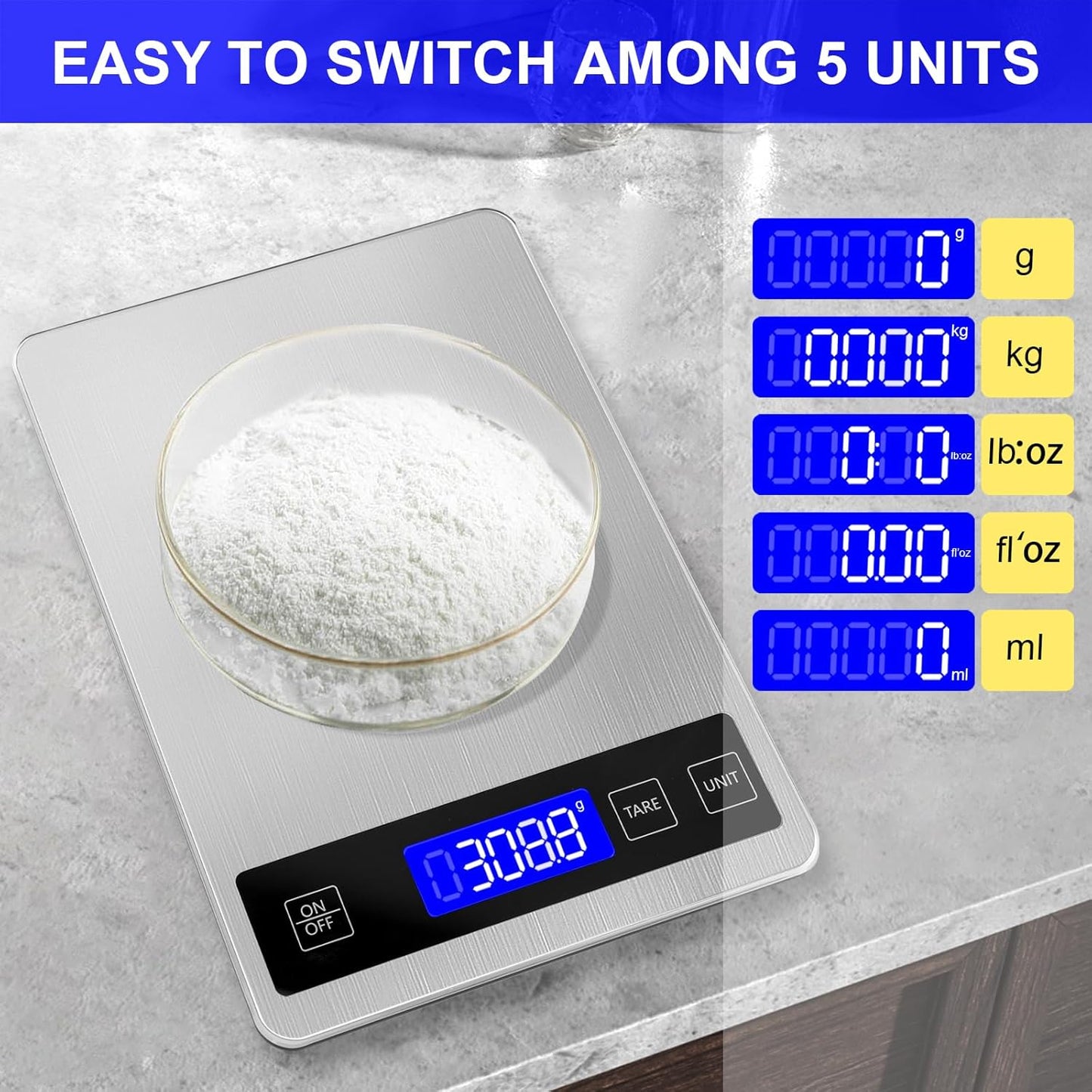 22lb Food Scale, Digital Kitchen Scale Weight Grams and oz for Weight Loss Cooking Baking, 1g/0.1oz Precision, Rechargeable and Waterproof, Stainless Steel and Tempered Glass, Gray Silver